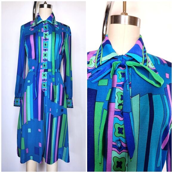Vintage Pucci-esque Dress - Made in Italy Psychedelic Dress - 60s 70s XS - S - Picture 1 of 10